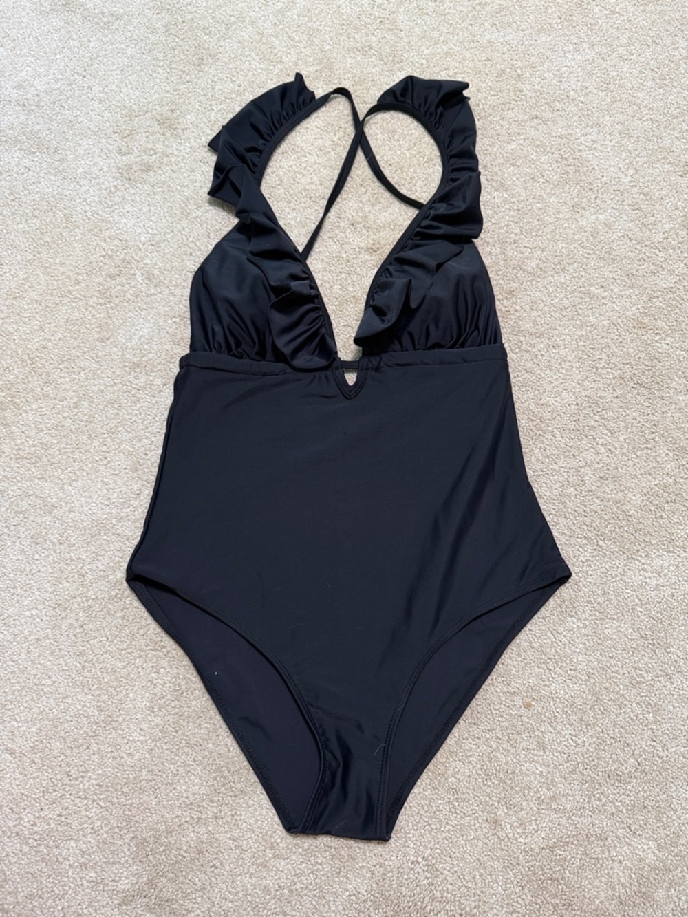 Black Ruffle V-Neck One-Piece Swimsuit